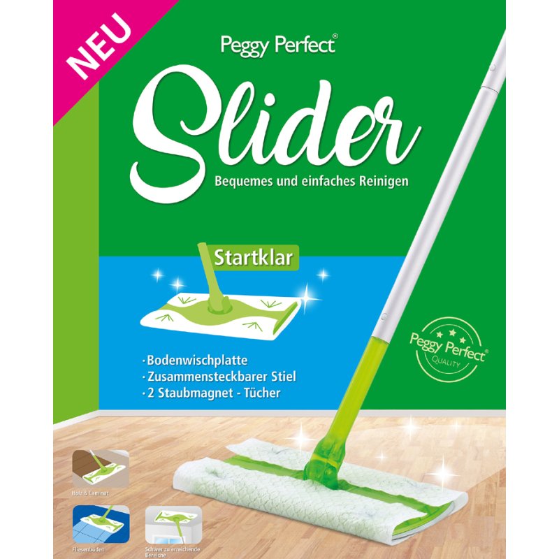 Peggy Perfect Slider kit de démarrage, balai à franges avec manche, 8 chiffons microfibre magnétiques